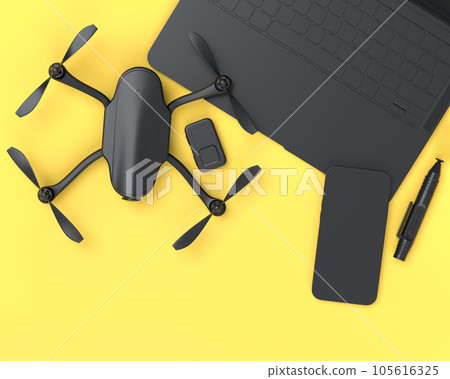 Top view of monochrome designer workspace and photography gear on yellow 105616325