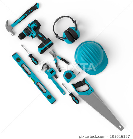 Top view of green construction tools for repair on white background Top view of green construction tools for repair on white background 105616337