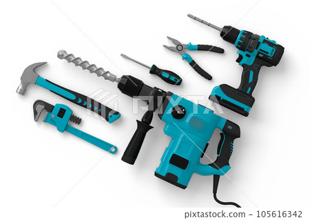 Top view of green construction tools for repair on white background 105616342