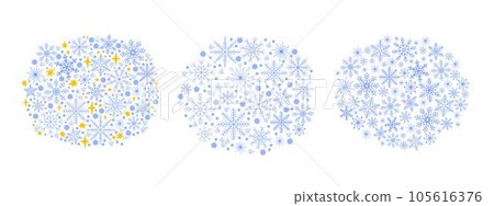 Snowflakes and snow polka dot shapeless clouds set simple Christmas holiday celebration decor vector illustration, winter concept template for greeting card, invitation, poster, banner design 105616376