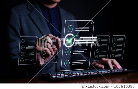 Businessman evaluating with checkboxes on online computer. assessment survey online, choose correct answer in test, questions test, online exam, quiz knowledge, filling out an survey form. Checkmark, Businessman evaluating with checkboxes on online computer. assessment survey online, choose correct answer in test, questions test, online exam, quiz knowledge, filling out an survey form. Checkmark, 105616395