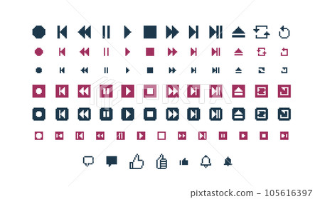 像素藝術媒體播放器按鈕裝飾插圖集播放暫停快進倒帶像素 105616397