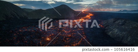 Aerial Panoramic view of Volcano Eruption, Litli-Hrutur Hill. Aerial Panoramic view of Volcano Eruption, Litli-Hrutur Hill. 105616416