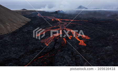 Aerial Panoramic view of Volcano Eruption, Litli-Hrutur Hill. Aerial Panoramic view of Volcano Eruption, Litli-Hrutur Hill. 105616418