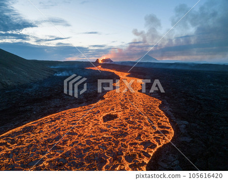 Aerial Panoramic view of Volcano Eruption, Litli-Hrutur Hill. 105616420
