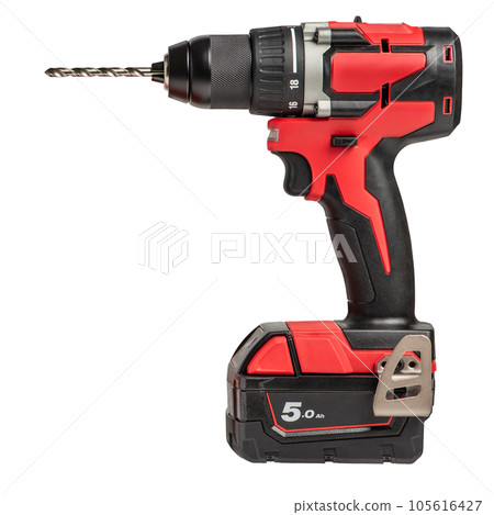 Cordless drill isolated on white background. New red cordless screwdriver with drill bit inserted, side view. Cordless power tool for drilling on a white background. Cordless drill isolated on white background. New red cordless screwdriver with drill bit inserted, side view. Cordless power tool for drilling on a white background. 105616427