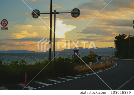 Shirahige Shrine: Evening view of Otorii in the lake (Takashima City, Shiga Prefecture, Shirahige Shrine, also known as: Shirahige Myojin, Hira Myojin, on the shore of Lake Biwa) Shirahige Shrine: Evening view of Otorii in the lake (Takashima City, Shiga Prefecture, Shirahige Shrine, also known as: Shirahige Myojin, Hira Myojin, on the shore of Lake Biwa) 105616589