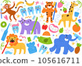 Animals brush teeth with fruit toothpaste, dental care illustrations for children, floss, oral care stickers, cute lion, giraffe, elephant 105616711