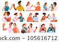 Female friends hug each other, meet and talk, young women spend time together, BFF walk together, shop, drink coffee and share hobby, multiethnic friendship, collection of vector illustrations 105616712