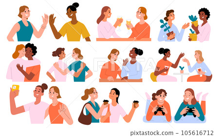 Female friends hug each other, meet and talk, young women spend time together, BFF walk together, shop, drink coffee and share hobby, multiethnic friendship, collection of vector illustrations Female friends hug each other, meet and talk, young women spend time together, BFF walk together, shop, drink coffee and share hobby, multiethnic friendship, collection of vector illustrations 105616712