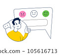 Positive feedback, man gives good review in social media, person chooses between positive and negative rating on scale, vector illustration 105616713