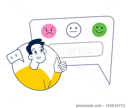 Positive feedback, man gives good review in social media, person chooses between positive and negative rating on scale, vector illustration 105616713