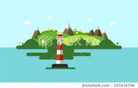 Lighthouse on sea with island on background - vector Lighthouse on sea with island on background - vector 105616786