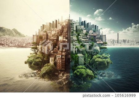 Split screen of drought land and green city. Ecology problem, global warming and environment concept, Generative AI 105616999