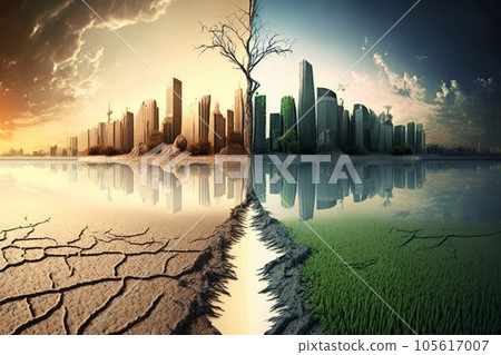 Split screen of drought land and green city. Ecology problem, global warming and environment concept, Generative AI 105617007
