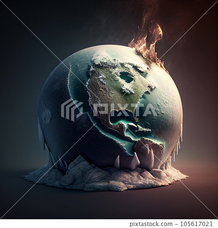 Planet earth globe illustration - global warming problem, freezing. Cooling, ice age, ecology, problem and environment concept , Generative AI 105617021