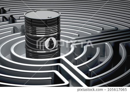 Oil barrel inside labyrinth maze. 3D rendering Oil barrel inside labyrinth maze. 3D rendering 105617065