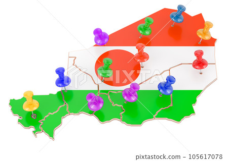 Map of republic of the Niger with colored push pins, 3D rendering Map of republic of the Niger with colored push pins, 3D rendering 105617078