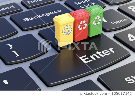 Colored recycling trash cans on laptop keyboard. 3D rendering 105617145