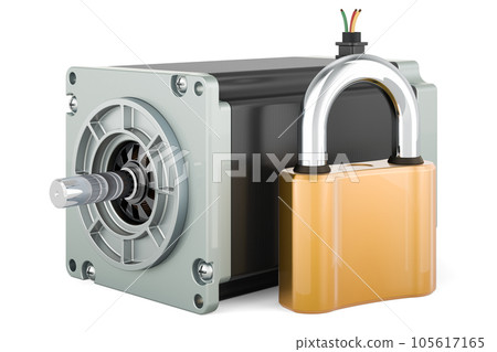 Stepper motor with padlock, 3D rendering 105617165