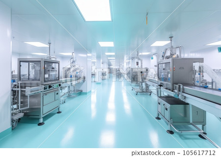 Contemporary drug production workshop interior. Spacy bright sterile room, facility with modern industrial machinery. Manufacturing process: pharmaceutics, semiconductors, biotechnology. 3D rendering. Contemporary drug production workshop interior. Spacy bright sterile room, facility with modern industrial machinery. Manufacturing process: pharmaceutics, semiconductors, biotechnology. 3D rendering. 105617712