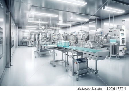 Contemporary drug production workshop interior. Spacy bright sterile room, facility with modern industrial machinery. Manufacturing process: pharmaceutics, semiconductors, biotechnology. 3D rendering. Contemporary drug production workshop interior. Spacy bright sterile room, facility with modern industrial machinery. Manufacturing process: pharmaceutics, semiconductors, biotechnology. 3D rendering. 105617714