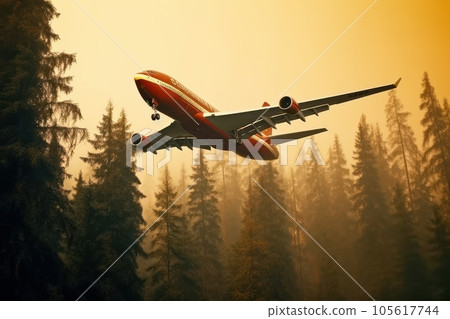 Rescue firefighting aircraft flying at low altitude extinguishes forest fire by dumping water on burning pine forest. Orange glow on the background. Saving forests, fighting forest fires. 3D rendering 105617744
