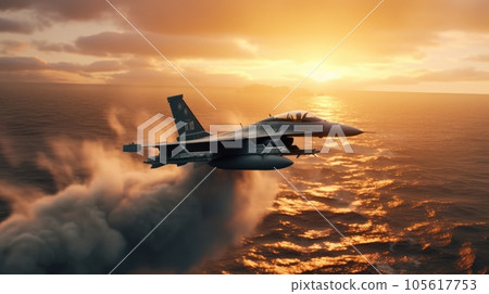 F-16 air force fighter flying over the ocean, beautiful sunset over horizon on the background. Jet military aircraft patrols territory, makes a training flight. Close up aerial view. 3D rendering. F-16 air force fighter flying over the ocean, beautiful sunset over horizon on the background. Jet military aircraft patrols territory, makes a training flight. Close up aerial view. 3D rendering. 105617753