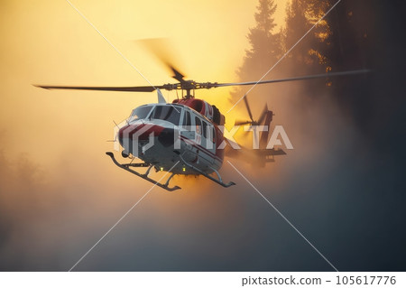 Rescue helicopter extinguishes a forest fire by dropping a large amount of water on a burning coniferous forest. Saving forests, fighting forest fires. Low angle view. 3D rendering. 105617776