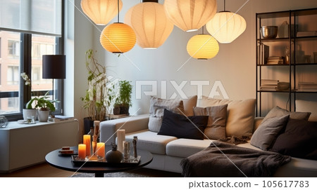 Several glass globe-shaped pendant lights above... - Stock