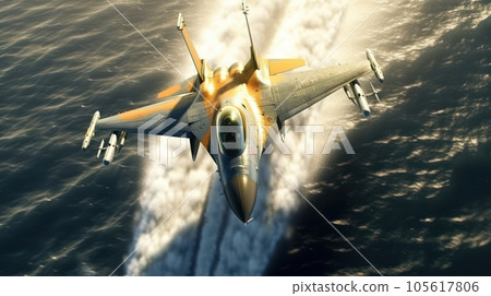 Top view of a military jet fighter taking off from the deck of an aircraft carrier in the sea. Jet trail behind the plane. The interaction of the navy and aviation, military maneuvers. 3D rendering. Top view of a military jet fighter taking off from the deck of an aircraft carrier in the sea. Jet trail behind the plane. The interaction of the navy and aviation, military maneuvers. 3D rendering. 105617806