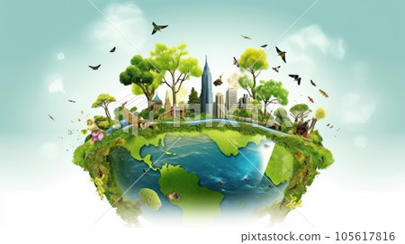 Symbolic image of the globe with elements of human activity and nature. Environment, save clean planet, ecology concept. Saving nature for future generations. Earth Day banner with copy space. 105617816