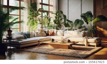 Cozy elegant boho style living room interior in natural colors. Comfortable corner couch with cushions, many houseplants, wooden coffee table, rug on the floor, large window, home decor. 3D rendering. 105617823