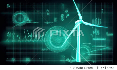 Graphic image of wind generator and diagram of energy production and use on green background. Sustainable wind energy process. Virtual data technology. Green energy production. Mockup, illustration. 105617868