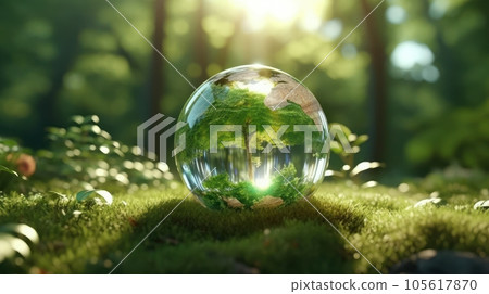 Transparent crystal sphere in a green forest filled with sunlight. Grass and trees are reflected in the glass globe. Protection of water resources concept. Environmental care. Earth Day. 3D rendering. 105617870