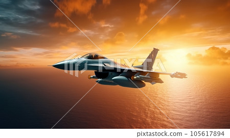 F-16 air force fighter flying over the ocean, beautiful sunset over horizon on the background. Jet military aircraft patrols territory, makes a training flight. Close up aerial view. 3D rendering. 105617894