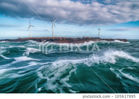 Offshore wind farms on on a deserted wild rocky island in the middle of a stormy northern sea. Beautiful gloomy seascape with wind generators. Sustainable green energy concept. 3D rendering. 105617895