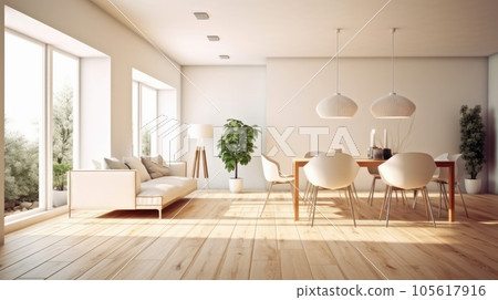 Interior of modern spacy minimalist white living room with dining area. Comfortable sofa, wooden dining table with chairs, houseplants in pots, panoramic windows, wooden floor. Mockup, 3D rendering. Interior of modern spacy minimalist white living room with dining area. Comfortable sofa, wooden dining table with chairs, houseplants in pots, panoramic windows, wooden floor. Mockup, 3D rendering. 105617916