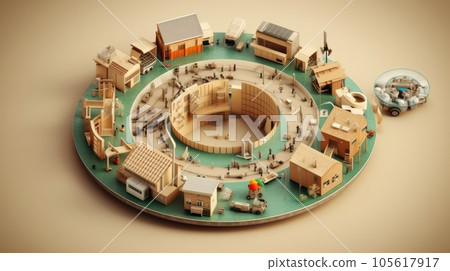 Sketchy 3D illustration, symbolizing the circular nature of urban life, economy development. Habitation, energy, industry, science, recreation, transportation, recycling. Mockup, beige background. Sketchy 3D illustration, symbolizing the circular nature of urban life, economy development. Habitation, energy, industry, science, recreation, transportation, recycling. Mockup, beige background. 105617917
