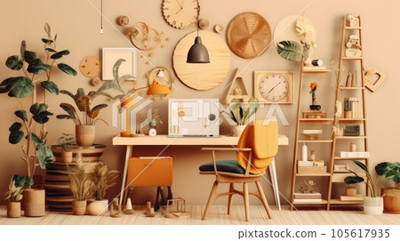 Sketchy illustration of elegant cozy boho style living room interior. Desk with chair, green plants in flower pots, wooden shelving, wall and table decor. Mockup, 3D rendering. 105617935
