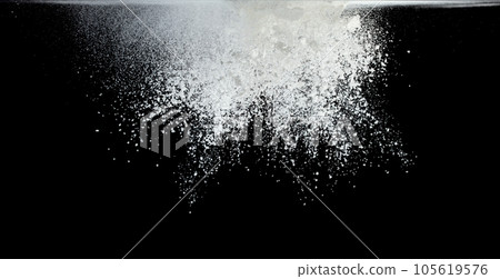 Tapioca starch flour fly explosion, White powder tapioca starch fall down in air. Seasoning flour powder is element material. Eyeshadow crush make up. Black background Isolated selective focus blur Tapioca starch flour fly explosion, White powder tapioca starch fall down in air. Seasoning flour powder is element material. Eyeshadow crush make up. Black background Isolated selective focus blur 105619576
