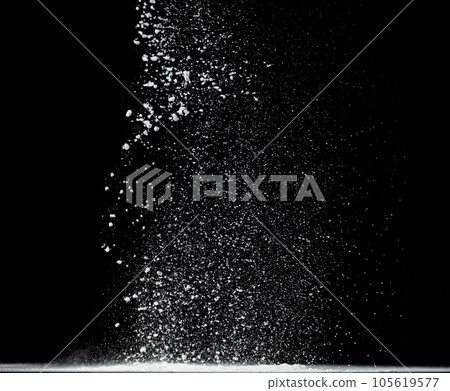 Tapioca starch flour fly explosion, White powder tapioca starch fall down in air. Seasoning flour powder is element material. Eyeshadow crush make up. Black background Isolated selective focus blur Tapioca starch flour fly explosion, White powder tapioca starch fall down in air. Seasoning flour powder is element material. Eyeshadow crush make up. Black background Isolated selective focus blur 105619577