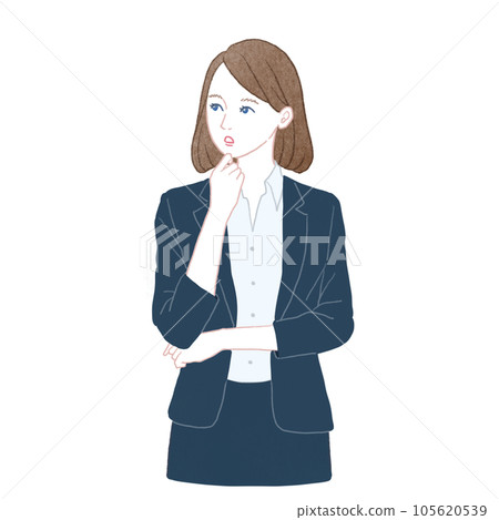 一個穿著西裝、臉上帶著思考、驚訝和閃光的女人 一個穿著西裝、臉上帶著思考、驚訝和閃光的女人 105620539