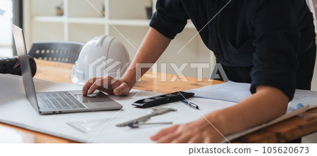 Architect engineer design working on blueprint planning concept Architect engineer design working on blueprint planning concept 105620673
