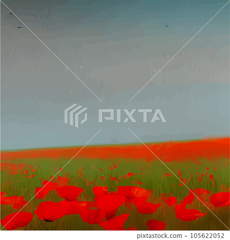 Beautiful red poppies in field. Wild flower spring nature landscape. Vector 105622052