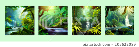 Waterfall Jungle Landscape Vector illustration. Tropical natural scenery Waterfall Jungle Landscape Vector illustration. Tropical natural scenery 105622059