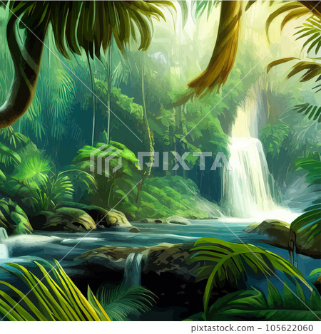 Spring landscape with waterfall in tropical forest. Vector illustration rivers Spring landscape with waterfall in tropical forest. Vector illustration rivers 105622060