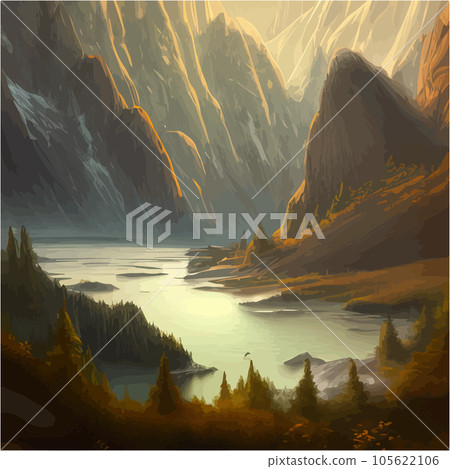 Forest and mountains river landscape vector. Foggy cloudy day vector Forest and mountains river landscape vector. Foggy cloudy day vector 105622106