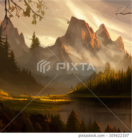 Forest and mountains river landscape vector. Foggy cloudy day vector Forest and mountains river landscape vector. Foggy cloudy day vector 105622107