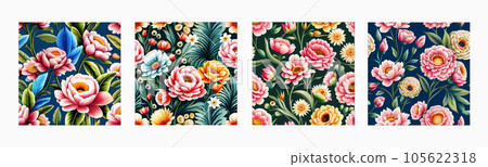 Banner pattern with spring flowers and leaves. Dark drawn background. Floral Banner pattern with spring flowers and leaves. Dark drawn background. Floral 105622318